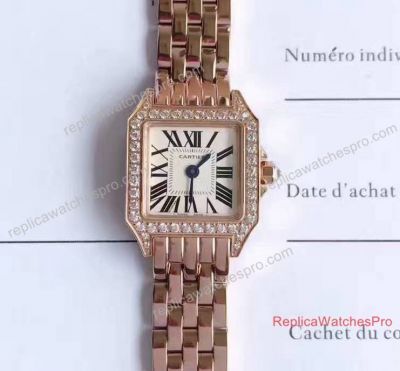 Swiss Quartz Replica Cartier Santos Demoiselle Ladies Watch Rose Gold Diamond